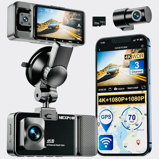 NEXPOW 3 Channel 5G WiFi Dash Cam - 4K+1080P+1080P GPS Car Camera with 64GB Card