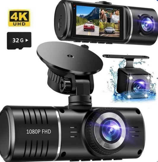 3 Channel Dash Cam - 4K+1080P Front and Inside Triple Camera with Night Vision