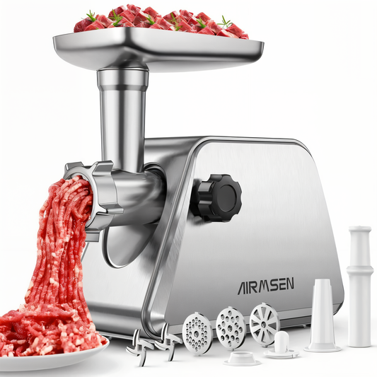 AIRMSEN Stainless Steel Meat Grinder, Electric 3 in 1 Meat Mincer with 2 Blades & 3 Plates, Sausage & Kubbe Maker Kit, Fixed Lock, Double Switch, Food Grinder for Home Kitchen Use