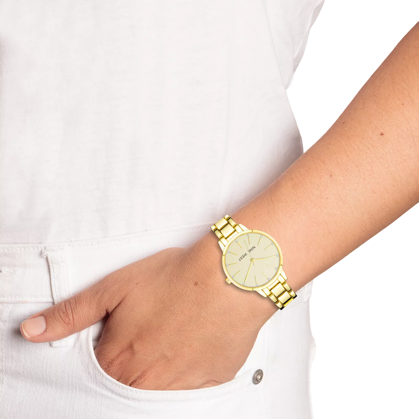 Nine West Women's Gold-Tone Bracelet Watch with Crystal Accents