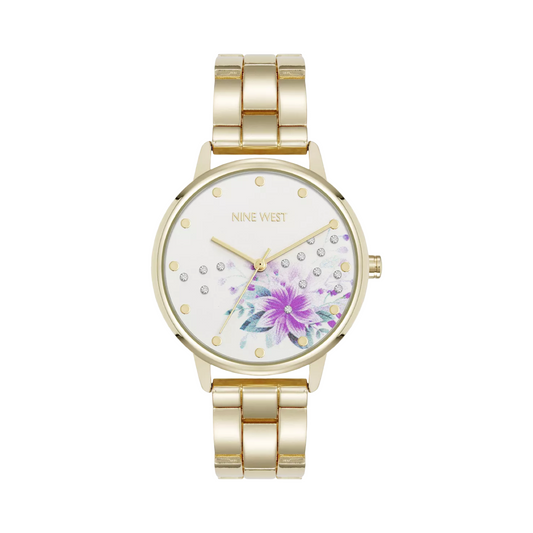 Nine West Women's Floral Dial Scattered Crystal Polished Link Watch